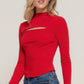 Long slv mock neck kyehole rib knit top