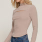 Long slv mock neck kyehole rib knit top